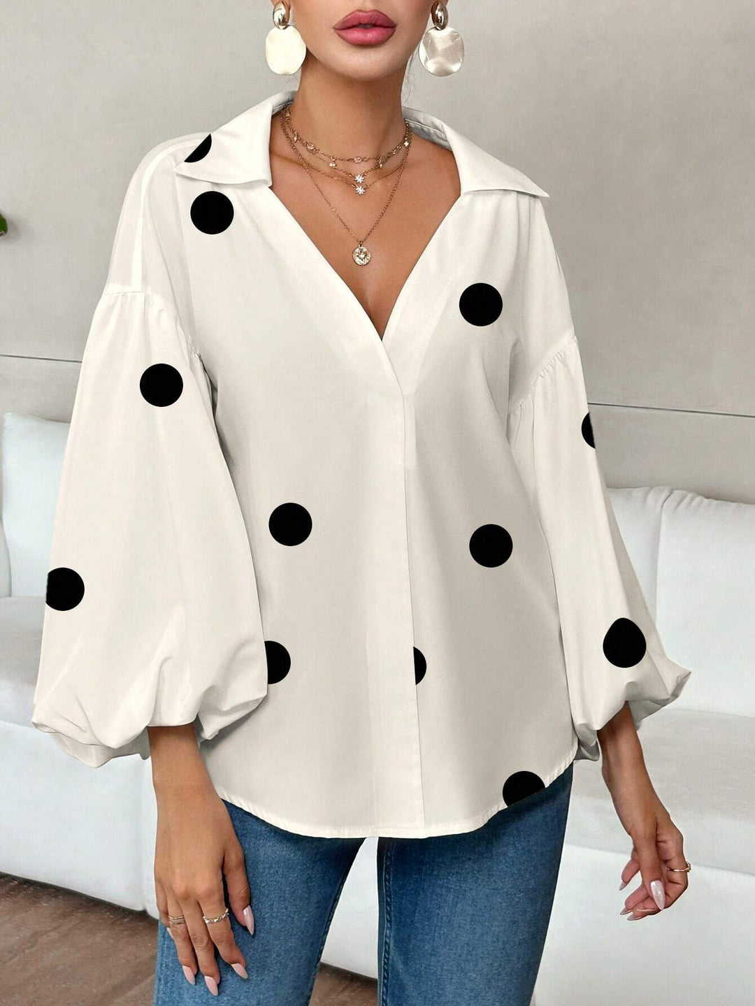 Women’s oversized blouse with voluminous puff sleeves and polka dot pattern Mune Fashion