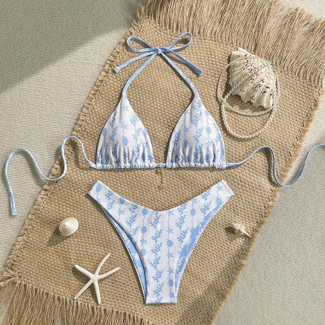 Women Triangle Bikini with Maritime Pattern and Adjustable Ties Mune Fashion