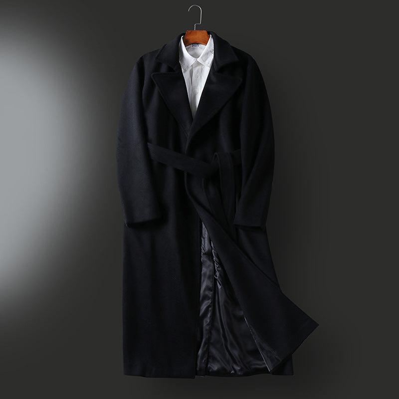 Men's Maxi-length tailored wool blend coat with wide shawl collar and belt Mune Fashion