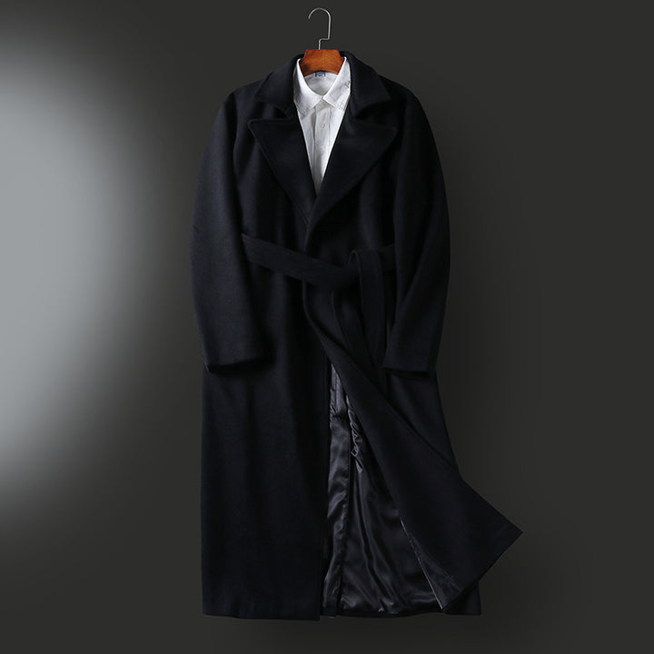 Men's Maxi-length tailored wool blend coat with wide shawl collar and belt Mune Fashion
