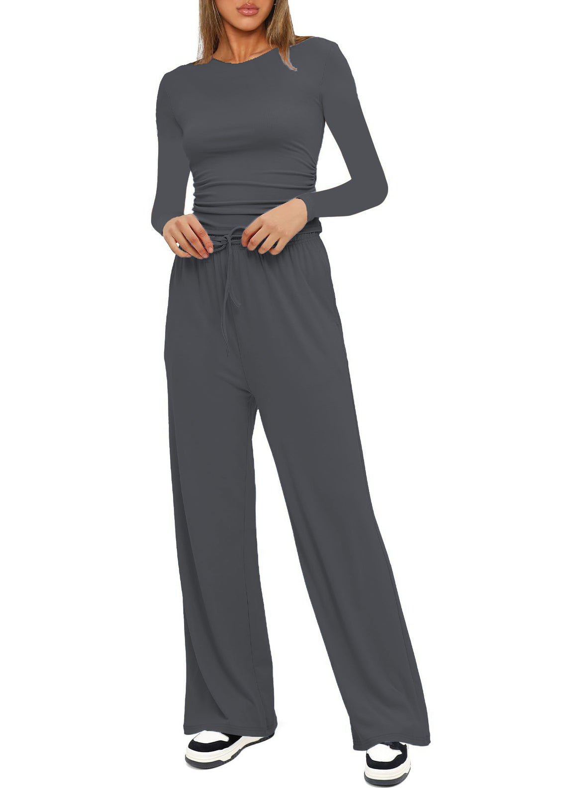 Women's Figure-Hugging Long Sleeve with Side Gathering and High-Waist Palazzo Jogging Pants Set Mune Fashion