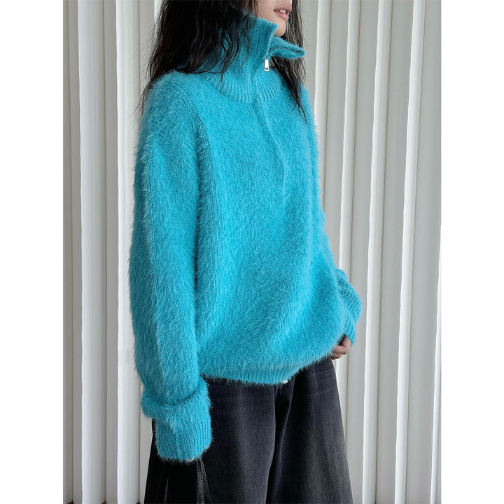 Women's fluffy stand-up collar sweater with half zipper Mune Fashion