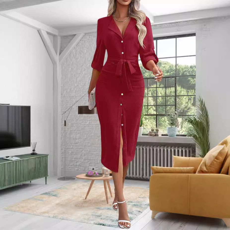 Women Tailored Shirt Blouse Midi Dress with Ties Belt, Full Button Placket and Three-Quarter Sleeves Mune Fashion