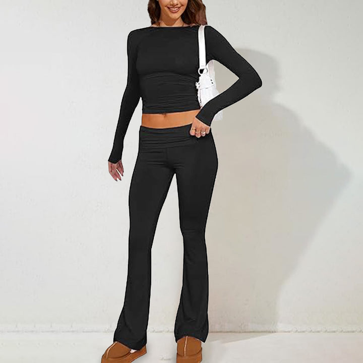 Women's two-piece stretch lounge set with tailored long sleeve crop top and high-waist flared leggings Mune Fashion