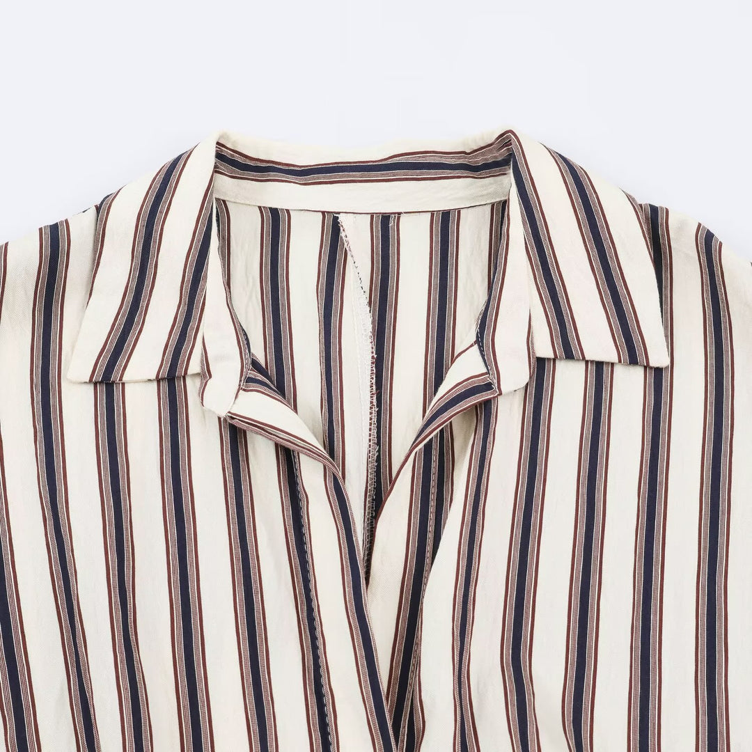 Women’s Long Striped Shirt Dress with Waist Belt and Dropped Shoulders Mune Fashion