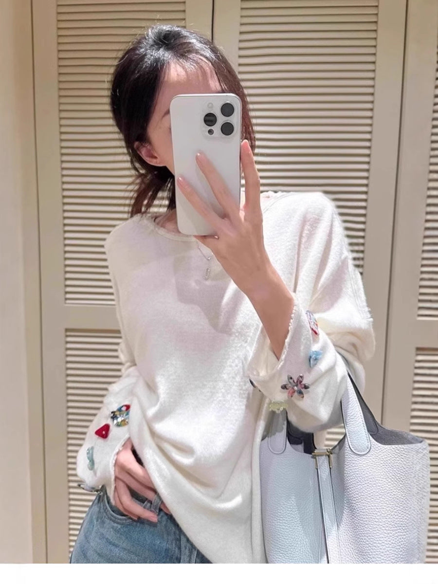 Women's Oversized Fine Knit Sweater with Jewelry-Embellished Sleeve Cuffs Mune Fashion