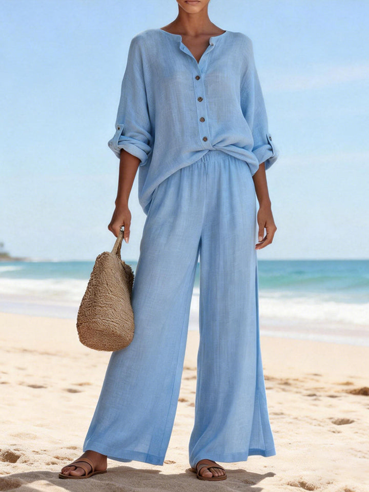 Women's Airy Linen Blouse and Wide Pants Mune Fashion
