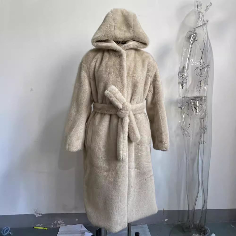 Women Longer Teddy Faux Fur Coat with Tie Belt and Oversized Silhouette Mune Fashion