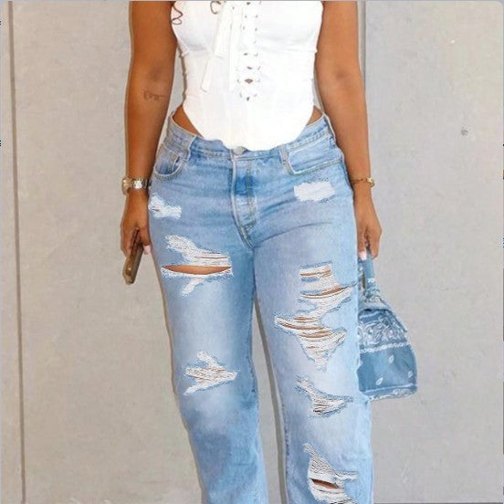 Women High-Waisted Relaxed-Fit Straight Jeans with pronounced Destroyed Details Mune Fashion