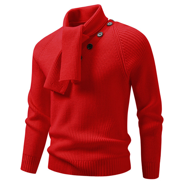 Men's knitted sweater with integrated funnel collar scarf and button detail Mune Fashion