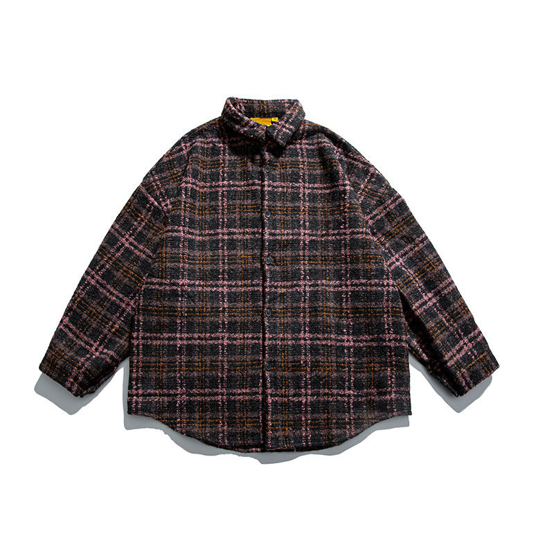 Unisex Boucle Check Shirt Jacket with Quilted Lining, Rounded Hem and Shirt Collar Mune Fashion