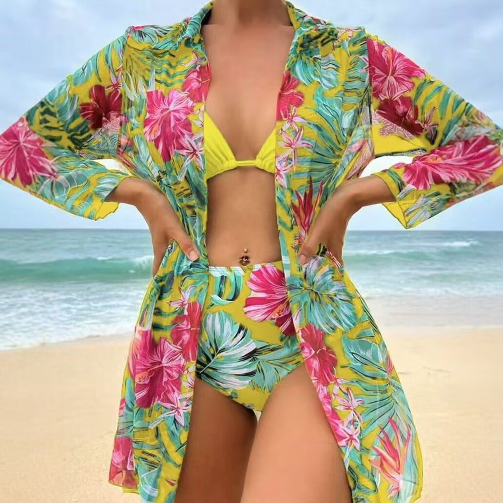 Women's bikini set with floral pattern and transparent beach cover-up Mune Fashion