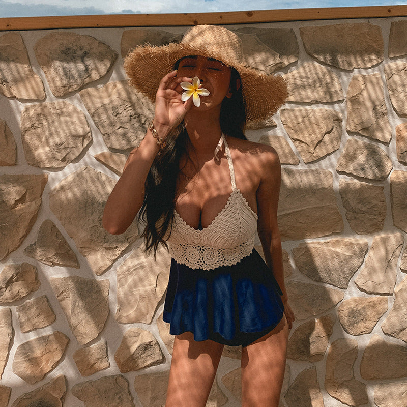 Women's swimsuit with romantic crochet details and flared skirt Mune Fashion