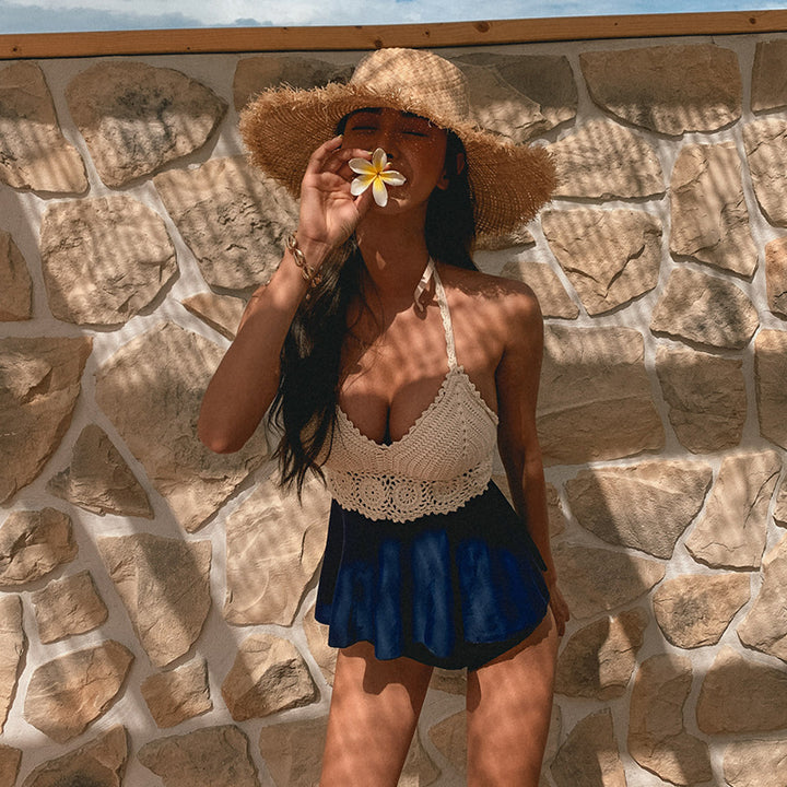 Women's swimsuit with romantic crochet details and flared skirt Mune Fashion