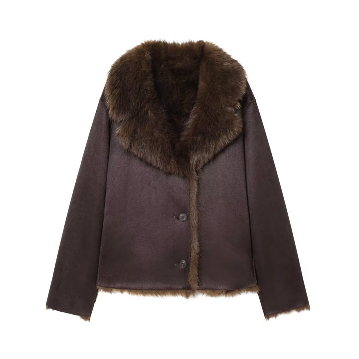 Women's Cropped Wool Blend Blouson with Voluminous Faux Fur Collar Mune Fashion