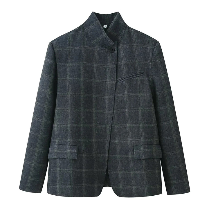 Women's checked blazer with stand-up collar, diagonal button placket and flap pockets Mune Fashion