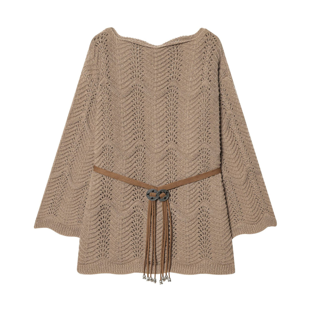 Ladies knit poncho cape with decorative leather belt Mune Fashion