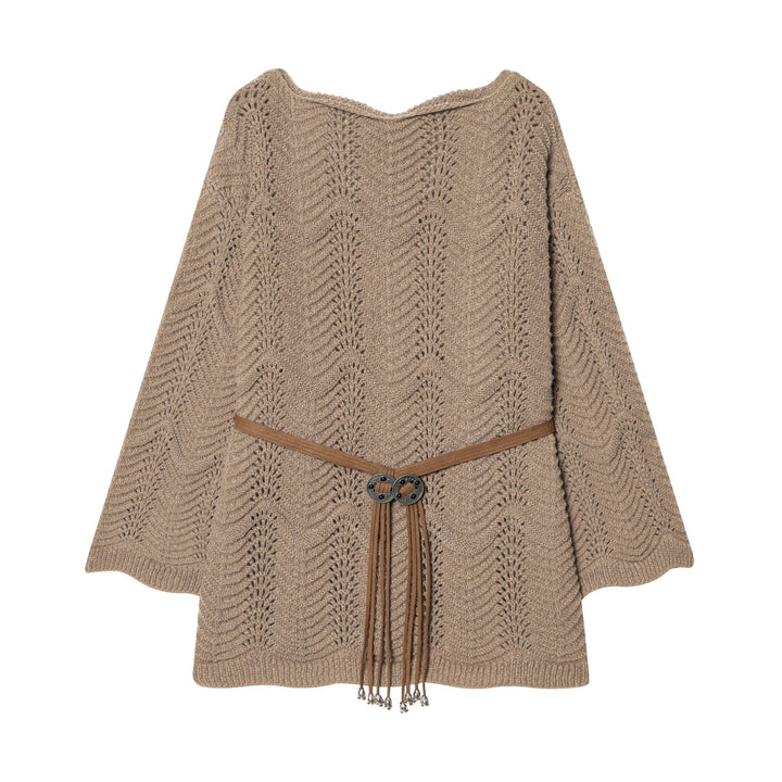 Ladies knit poncho cape with decorative leather belt Mune Fashion