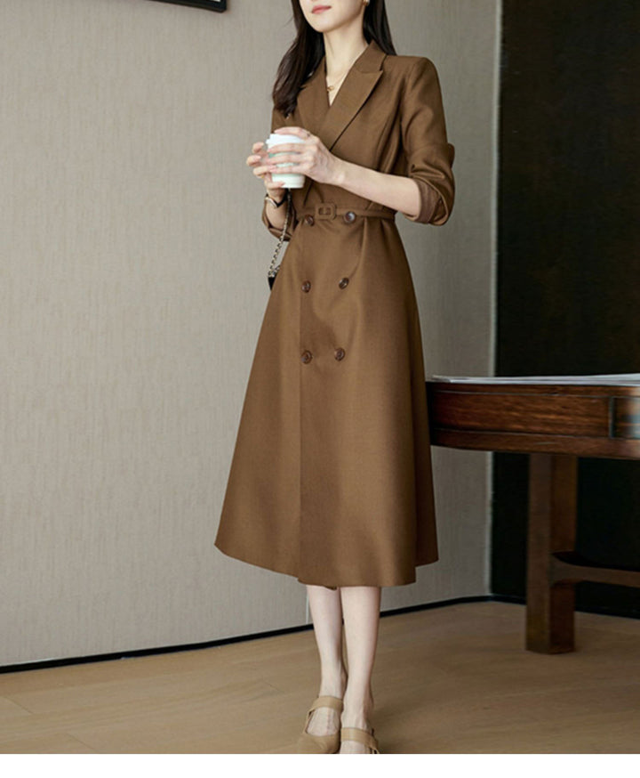 Women's Elegant Trench Coat with Double Button Placket and Waist Belt Mune Fashion