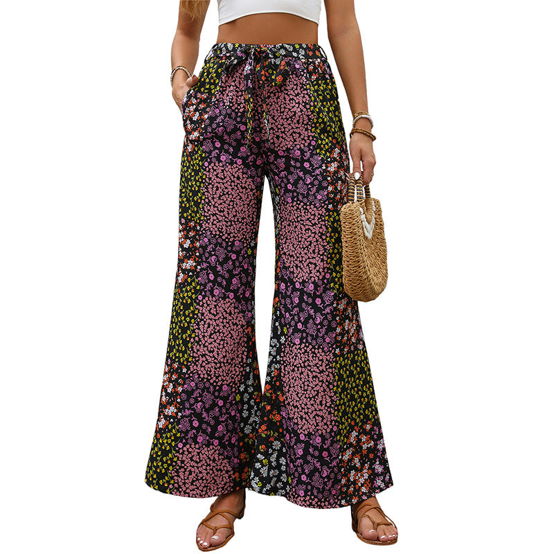 Women's Wide High-Waist Palazzo Pants with Floral Patchwork Print, Drawstring and Side Pockets Mune Fashion