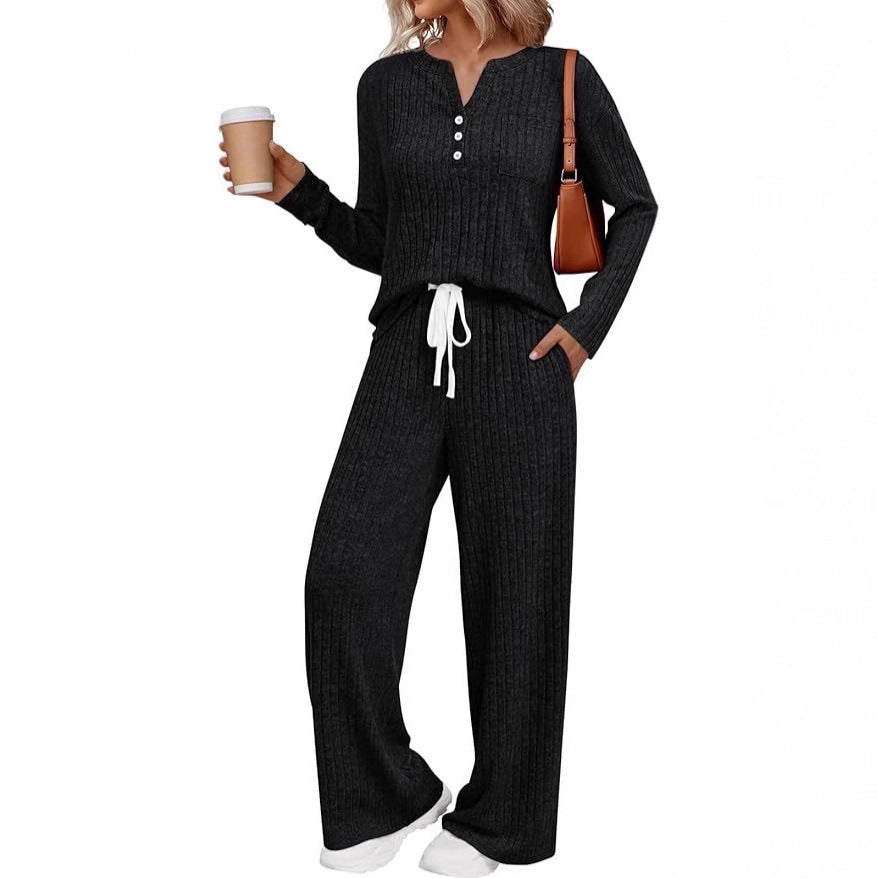 Women Ribbed Knit Lounge Set with Button Placket and Wide Drawstring Pants Mune Fashion