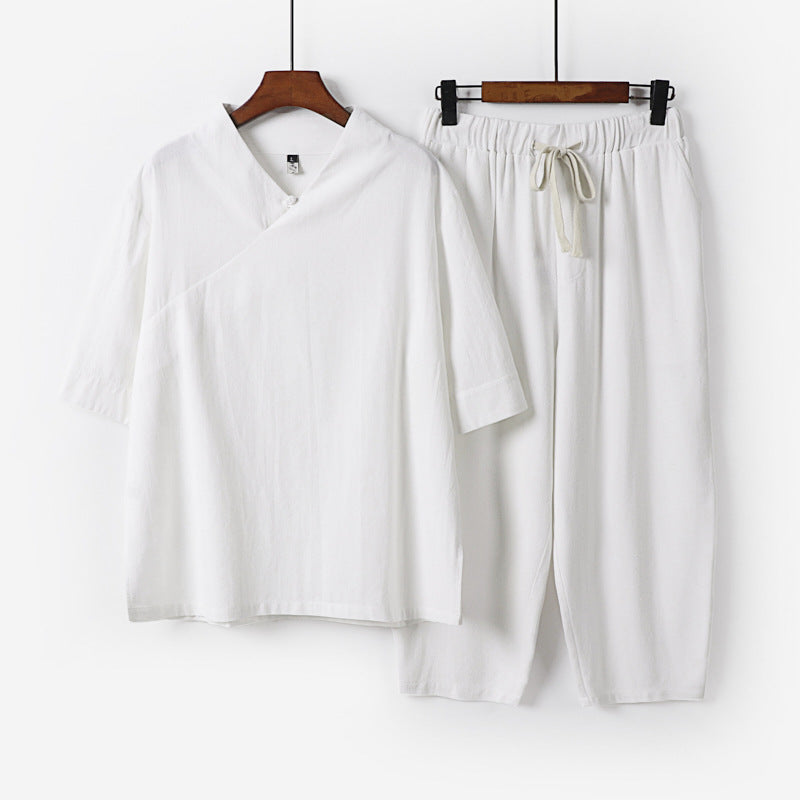 Men's Breathable Linen-Cotton Lounge Set with Asymmetrical V-Neck and Elastic Cord Pants Mune Fashion