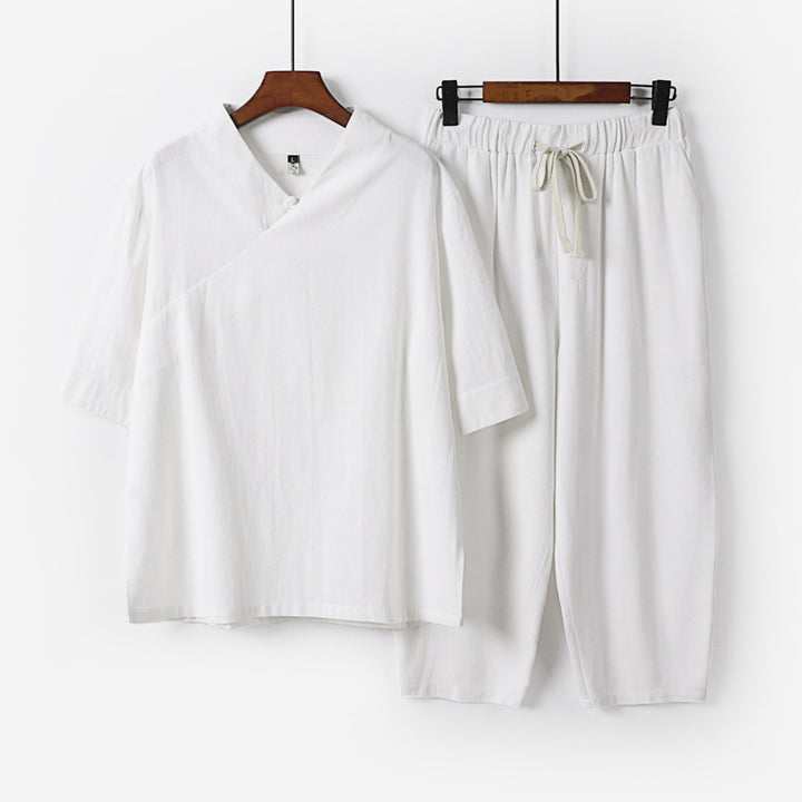 Men's Breathable Linen-Cotton Lounge Set with Asymmetrical V-Neck and Elastic Cord Pants Mune Fashion