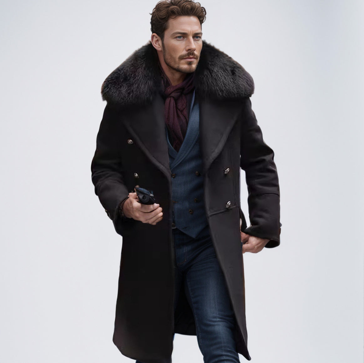 Men's double-breasted wool overcoat with voluminous sheepskin collar and gold decorative buttons Mune Fashion