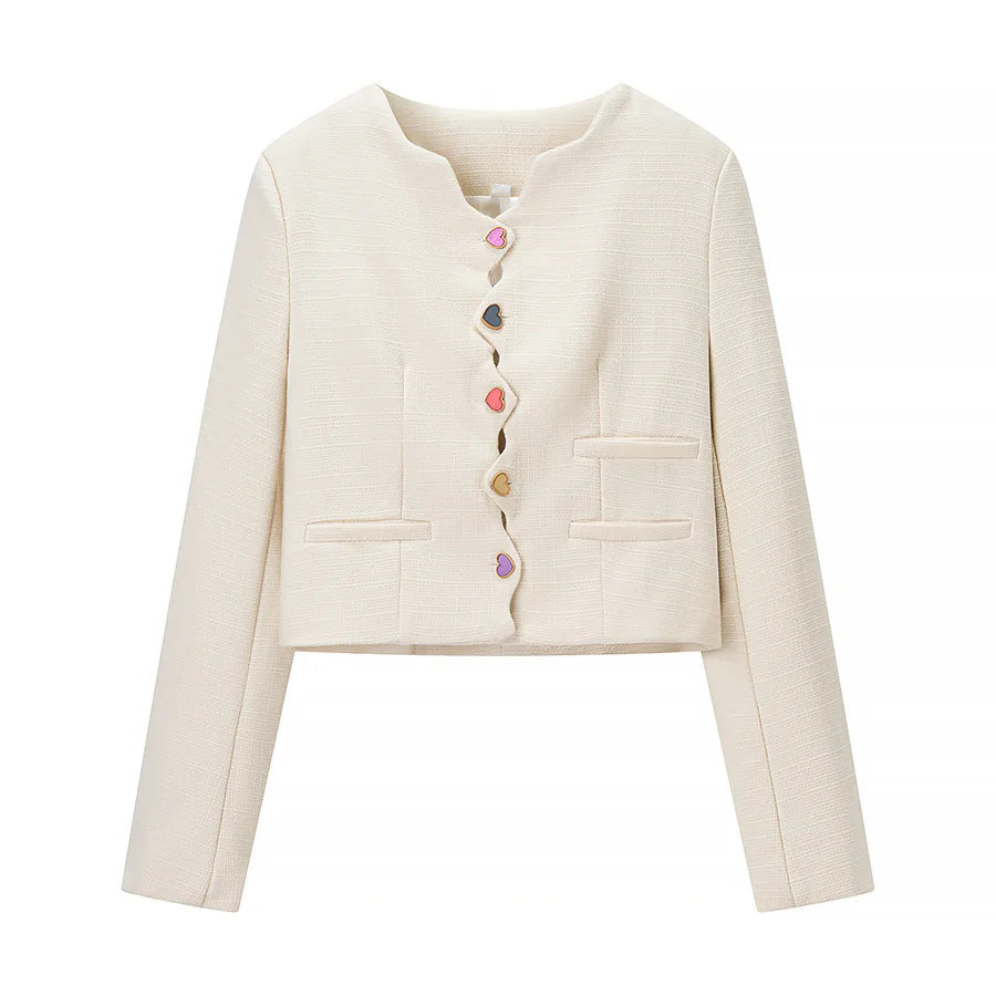 Women nan cropped Bouclé jacket with wavy button placket and heart appliqués Mune Fashion