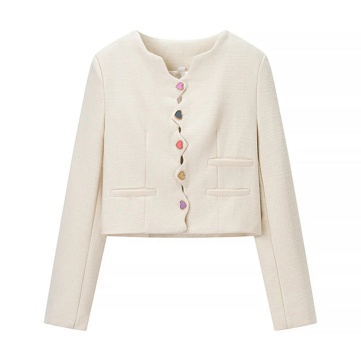 Women nan cropped Bouclé jacket with wavy button placket and heart appliqués Mune Fashion