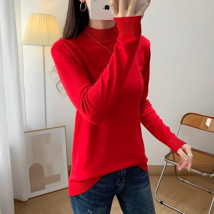 Ladies Fine Long Sleeve Fine Knit Sweater with Narrow Stand-Up Collar and Ribbed Cuffs Mune Fashion
