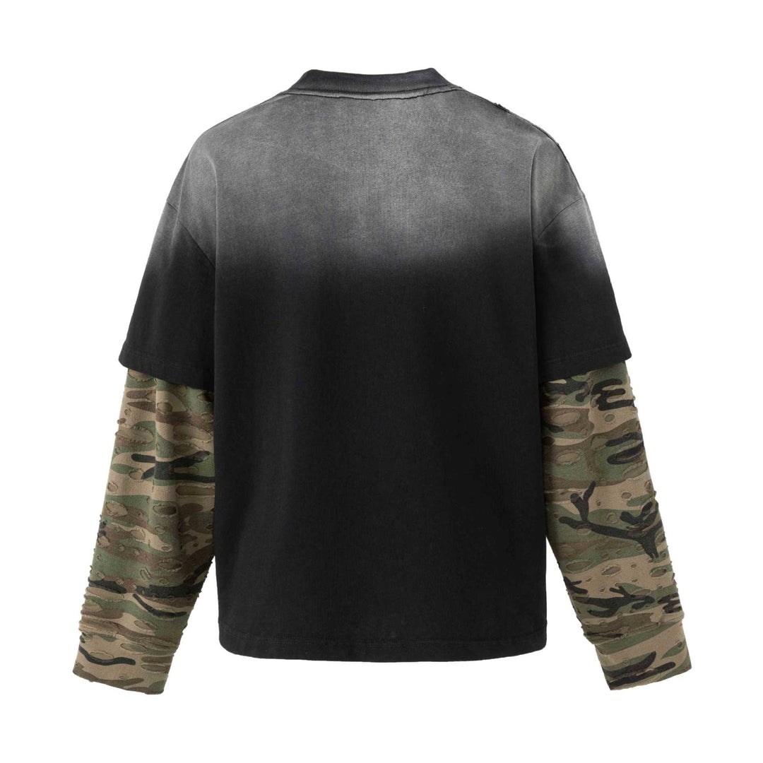 Men's loose-fitting layered look T-shirt with used effect and camouflage sleeves Mune Fashion
