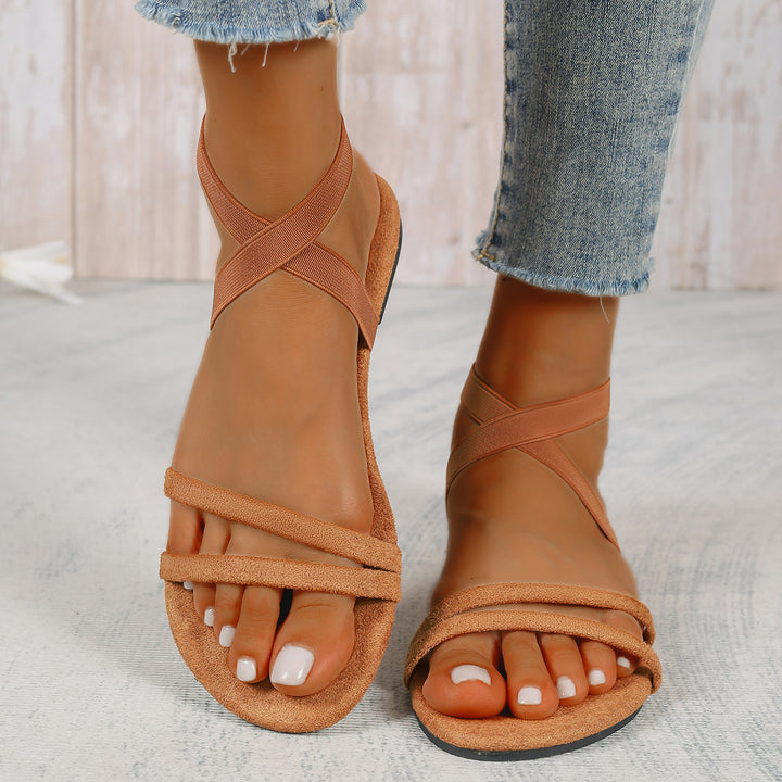 Women's Flat Sandals with Crossed Elastic Straps and Soft Microfiber Footbed Mune Fashion