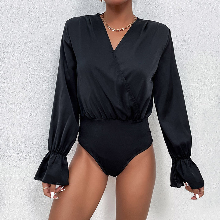 Women's satin bodysuit with wrap look, V-neck, elastic waist and ruffle sleeves Mune Fashion