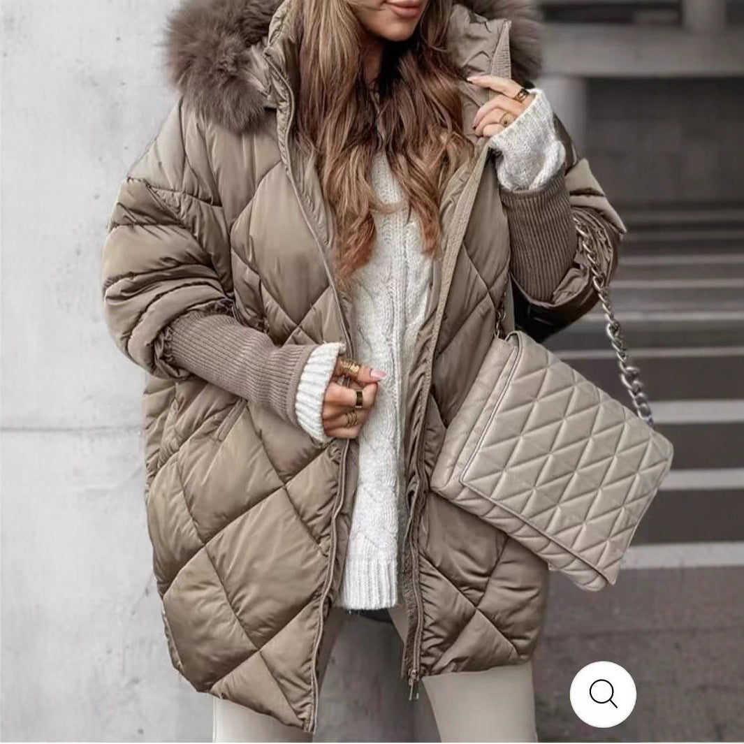 Women longer quilted winter parka with large hood and faux fur trim Mune Fashion