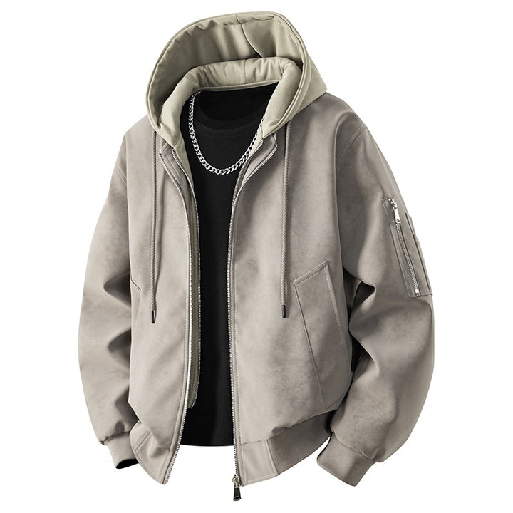 Men's velvet imitation transitional bomber-style jacket with stand-up collar, press stud fastening & elastic cuffs.