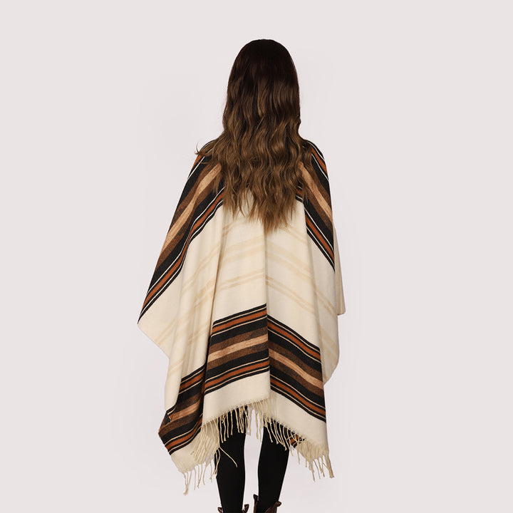 Women's Lightweight Ruana Poncho made of Wool-Viscose Blend with Striped Woven Border and Fringe Hem Mune Fashion