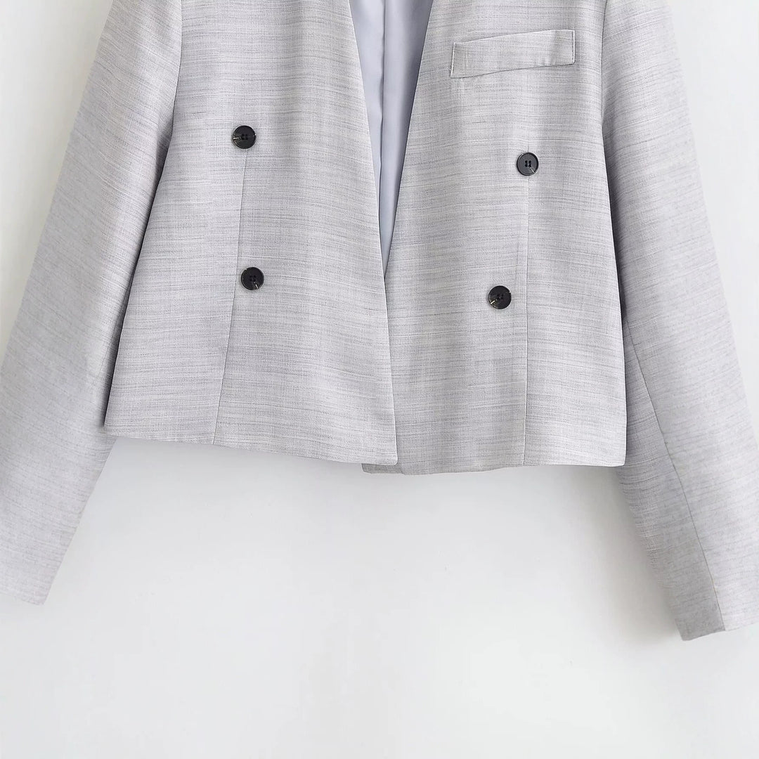 Women's collarless cropped blazer with boxy silhouette and double-button row Mune Fashion