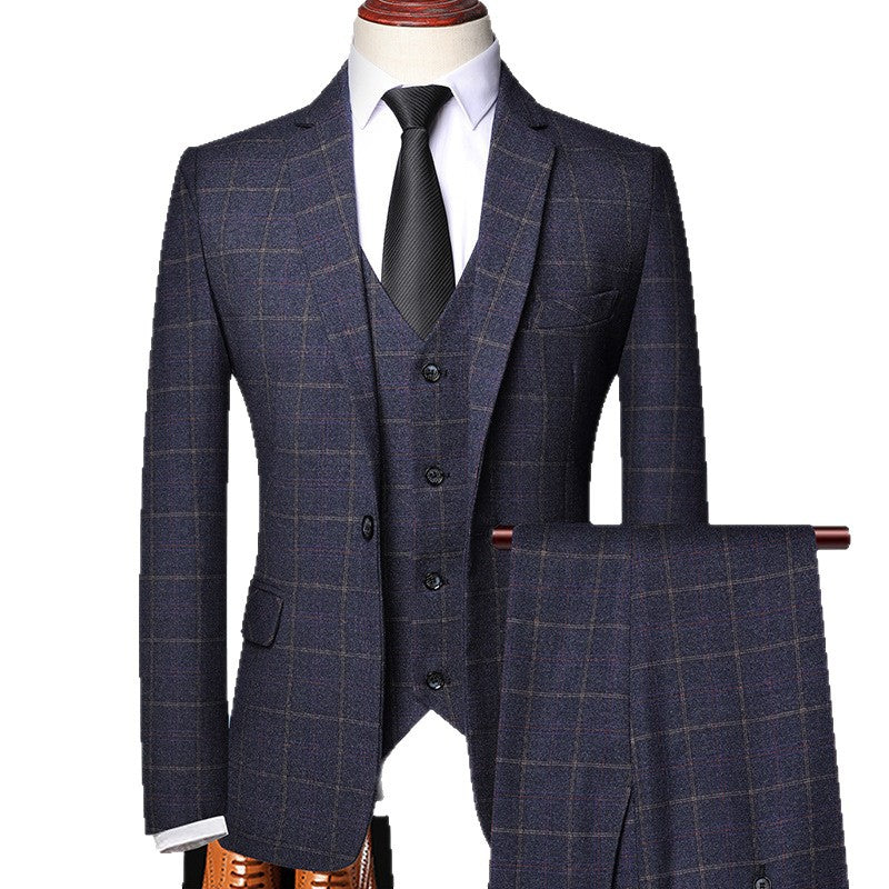 Men's three-piece suit made of wool blend with check pattern and tailored fit Mune Fashion