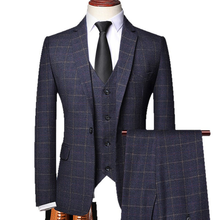 Men's Three-Piece Slim-Fit Suit with Vest and Fine Checkered Pattern Mune Fashion