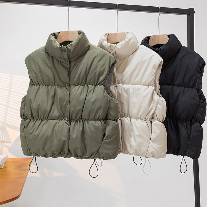 Women's Short Padded Vest with High Stand-Up Collar and Drawstring Mune Fashion