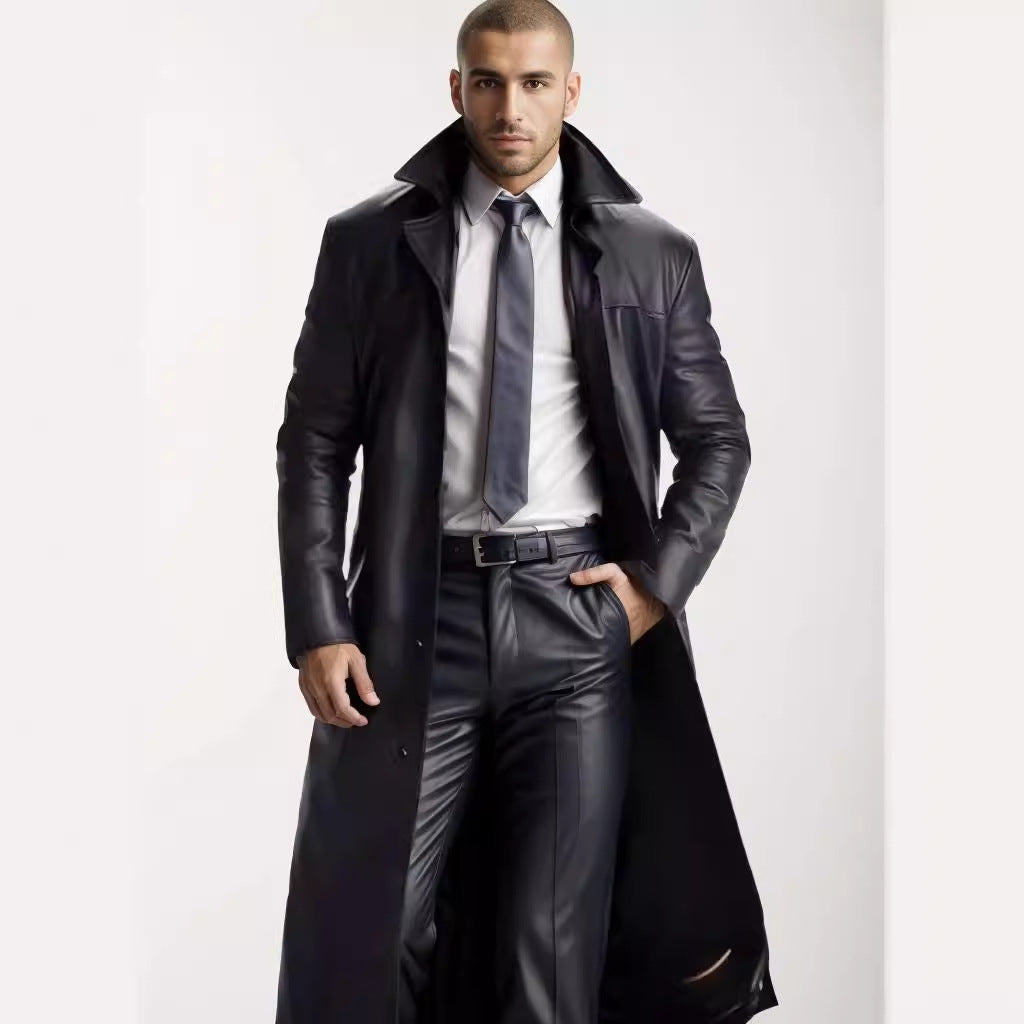 Men's Long Leather Coat in Trench Style with Slim Silhouette and Stand Collar Mune Fashion