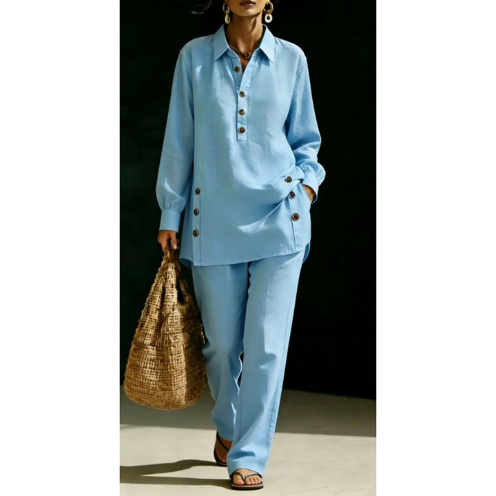 Women two-piece tunic set made of lightweight linen blend with shirt collar and side decorative buttons Mune Fashion