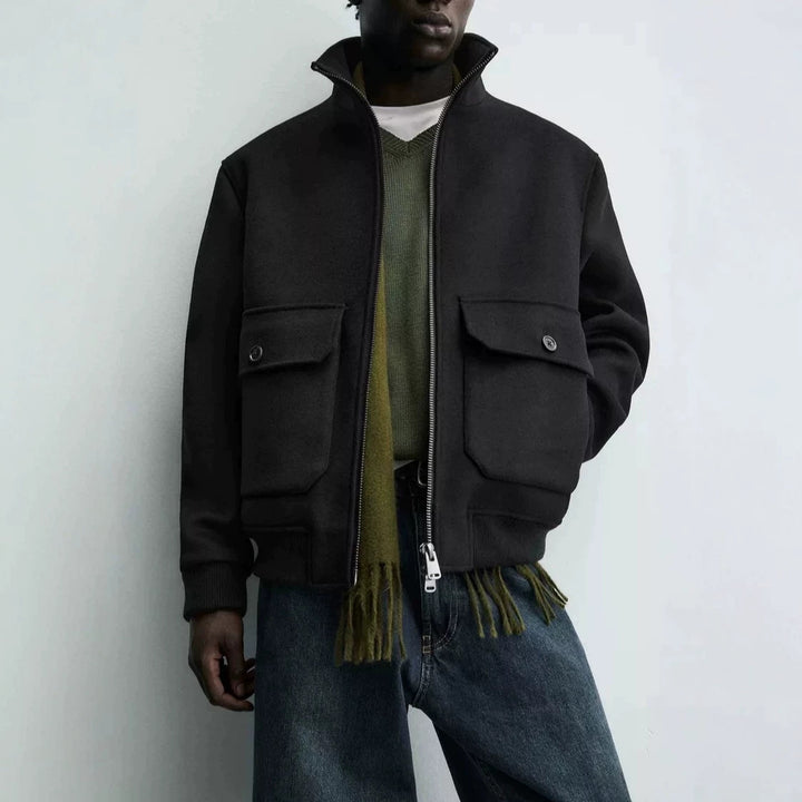 Men's short wool bomber jacket with high stand-up collar and patch flap pockets Mune Fashion