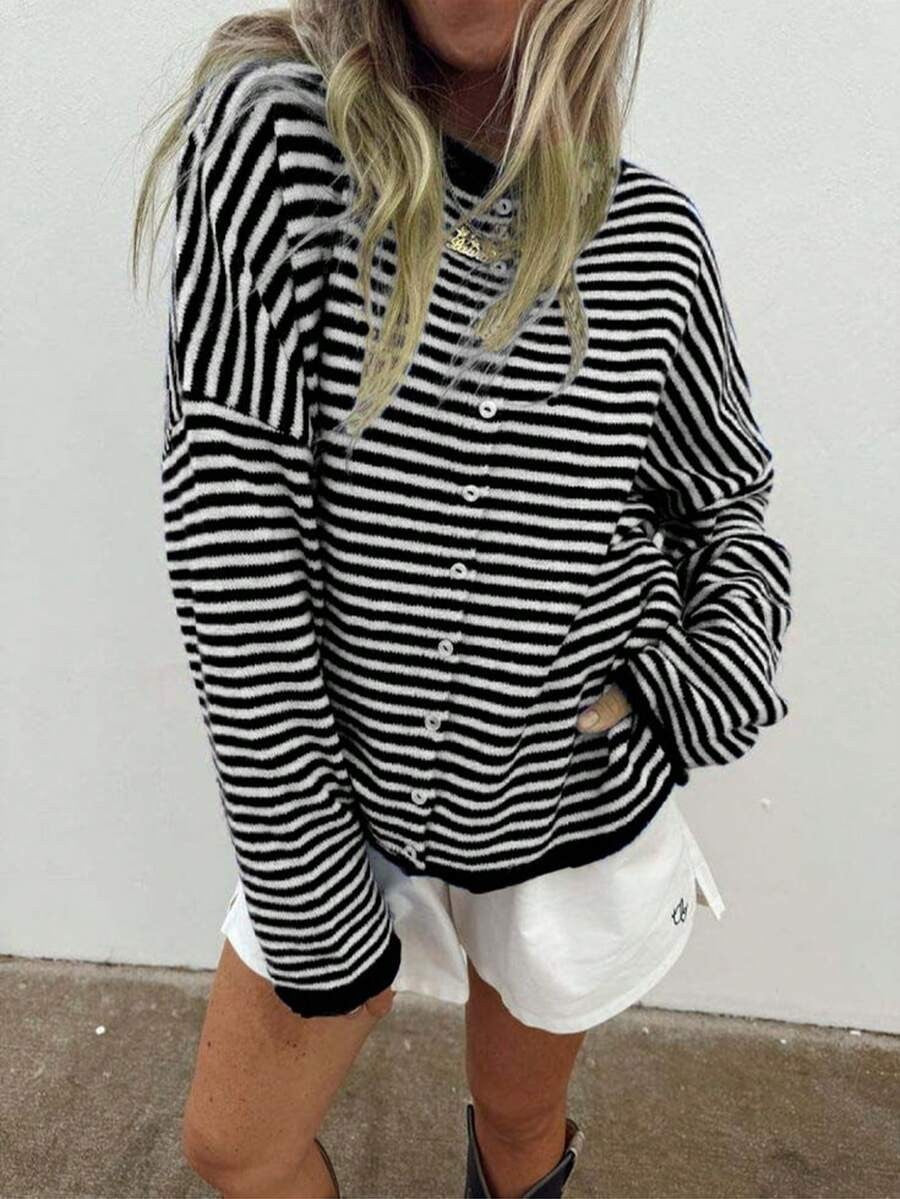 Women's Striped Oversize Knit Cardigan with Button Placket and Maritime Look Mune Fashion