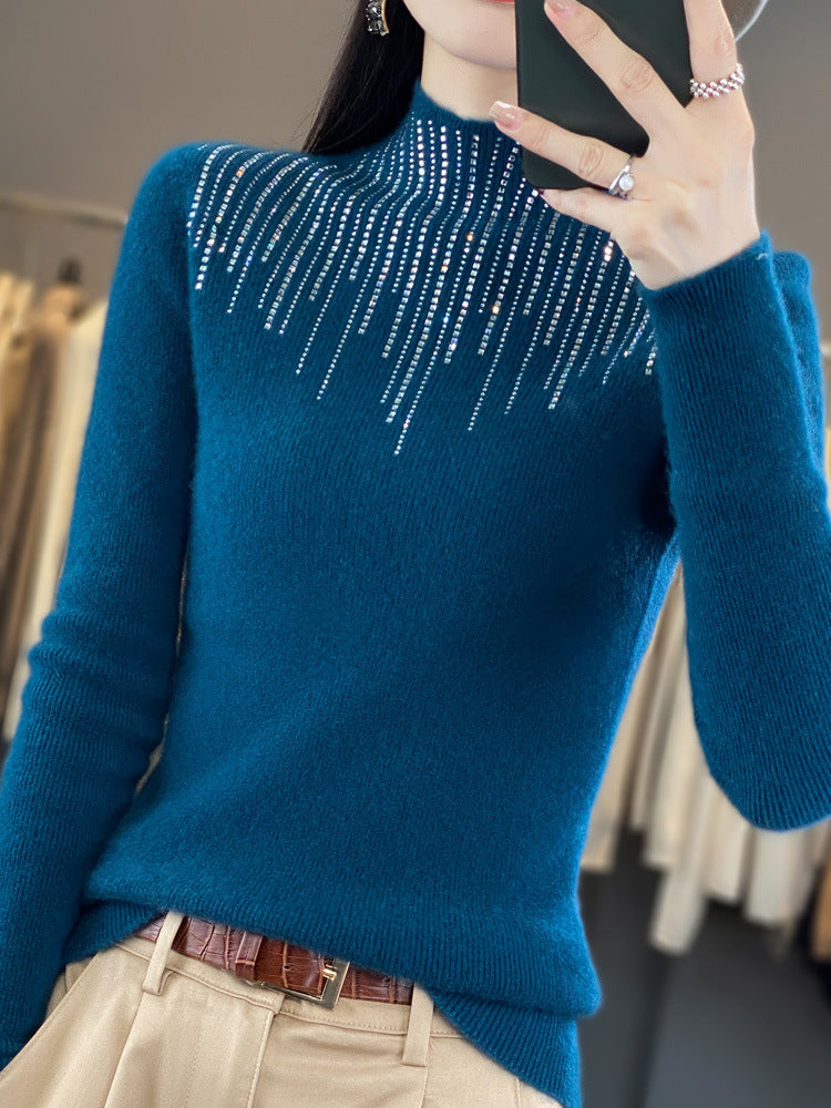 Women's Cashmere-Look Mockneck Sweater with Sparkling Rhinestone Cascade Mune Fashion
