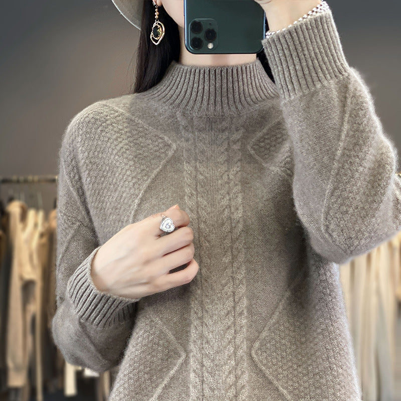 Women's Soft Cable Knit Mock Neck Sweater with Structure Patches and Fluffy Mohair Look Mune Fashion