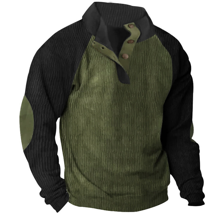 Men's structured Henley sweatshirt with stand-up collar, raglan sleeves, and elbow patches Mune Fashion