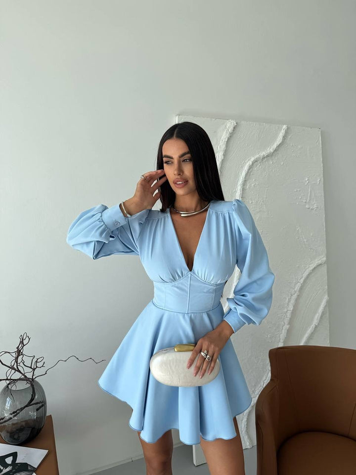 Women's Corset Detail Mini Dress with Puff Sleeves and Flared Skirt Mune Fashion