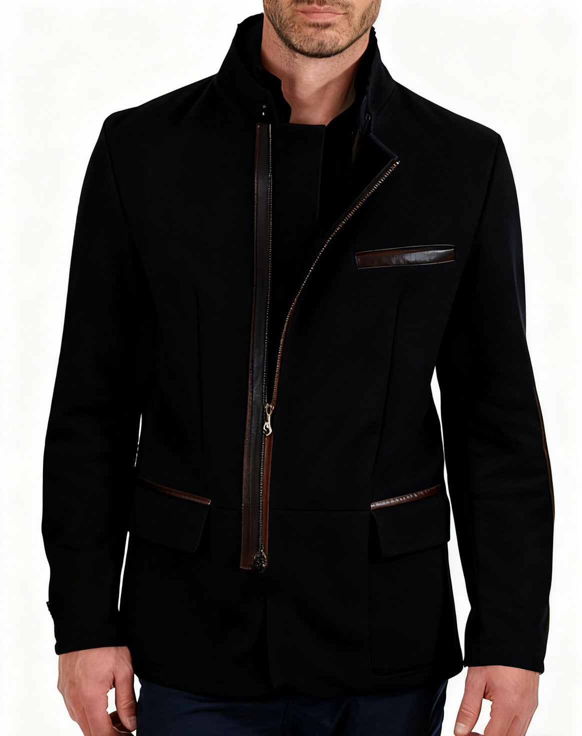 Men's leather jacket with high stand-up collar and asymmetrical two-way zipper Mune Fashion